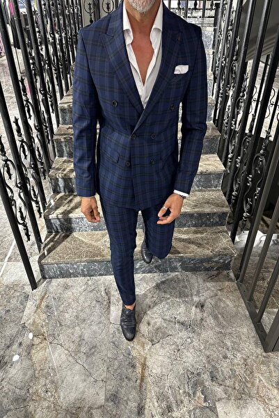 Fc Plus KENDİNDEN DESENLİ KRUVAZE LACİVERT TAKIM ELBİSE