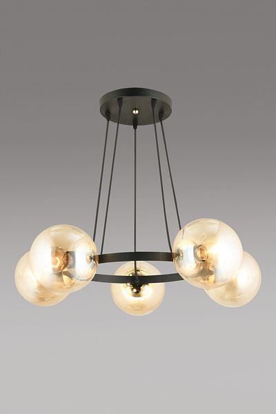 SONSUZ AYDINLATMA&AVİZE Infinite Black 5-Piece Ring Honey Globe Glass Modern Chandelier