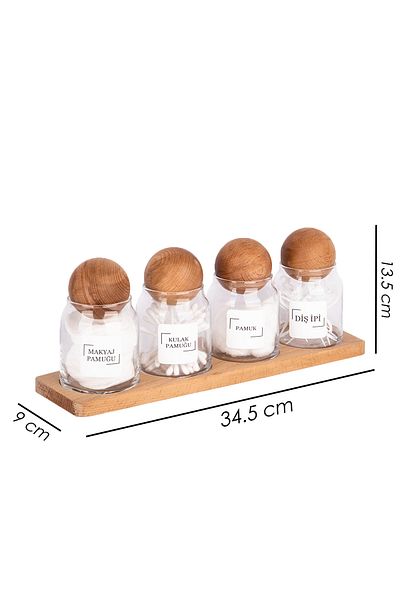 Karçiçeği Home Set of 4 Vacuum Cotton Jars with Bamboo and Wooden Ball Lids - 300 ml