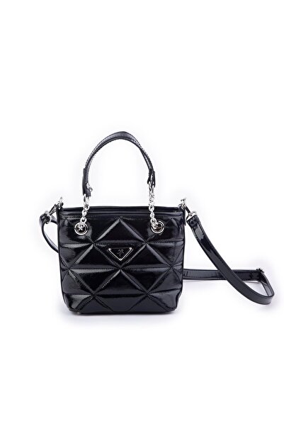 Nas Bag Mini Kadın Zincirli Kapitone El ve Çapraz Çanta 1305 Siyah Krsk Rugan...