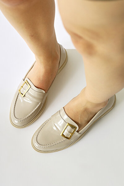 Limoya Arnesa Beige Patent Leather Buckle Detailed Women's Casual Shoes