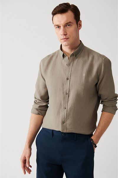 Avva Férfi világos khaki 100% vászon gombos galléros ing B 002191