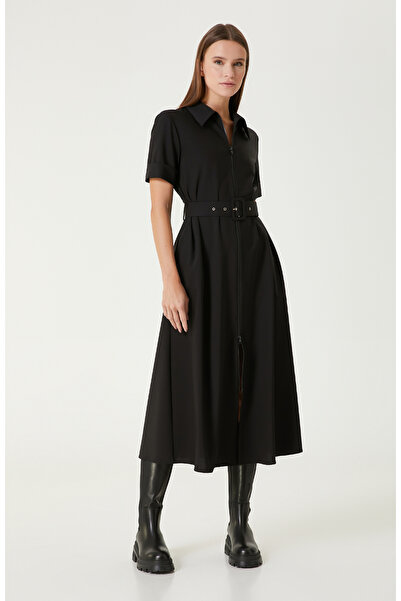 Network Siyah Yün Karışımlı Midi Elbise