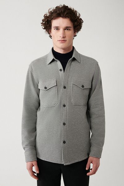 Avva Graues Herren-Hemd mit klassischem Kragen, diagonaler Doppeltasche, Kappe, Baumwolljacke, A32y2176
