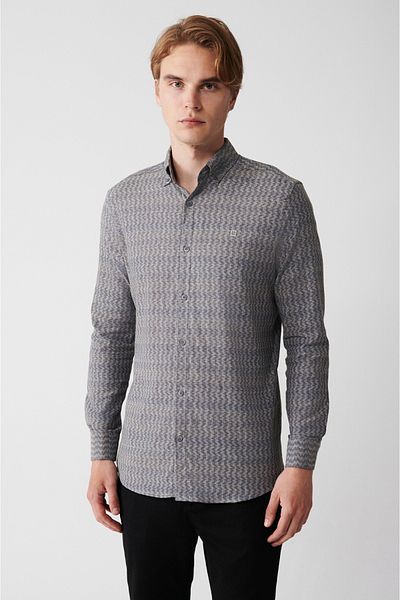 Avva Férfi khaki gombos gallérral mintás rugalmas pamut ing A32y2145