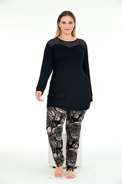 Lady Lingerie Black Flowery Large Size Long Sleeve Pajamas Set