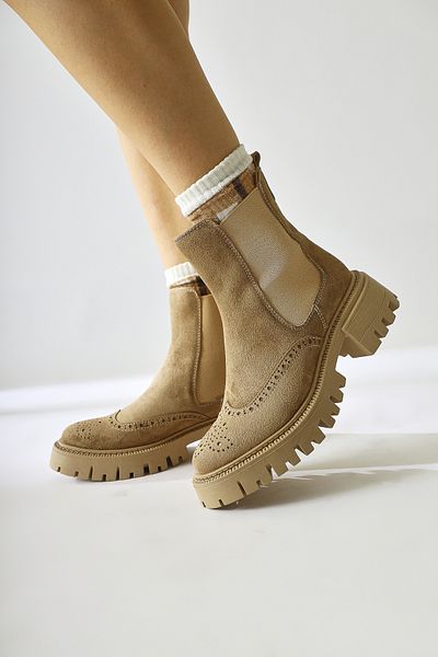Limoya Leyah Nud, Μπεζ Suede Laser Cut Λεπτομερείς ελαστικές γυναικείες μπότες, γυναικεία μποτάκια