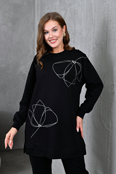 MVStore سويت شيرت نسائي من الخرز الحجري بتفاصيل كبيرة الحجم