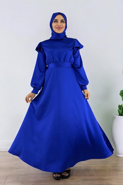 ALFUDO Moda Collection Cindy Saten Uzun Omuz Detaylı Tesettür Mezuniyet Abiye...