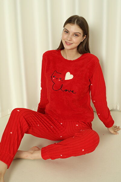 Wordex Fwn 04-3309 Plush Welsoft Fleece Winter Soft Heart Cat Women's Pajamas Set