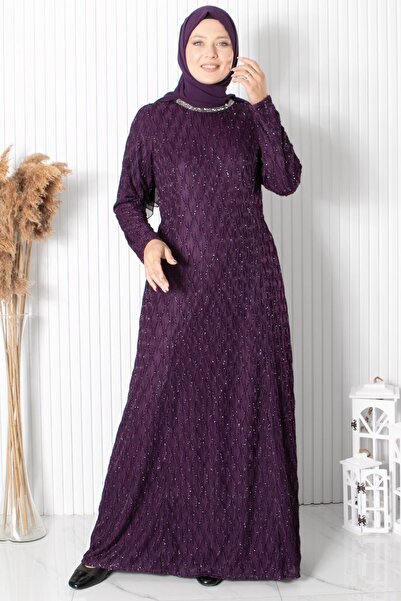 SUBU TASARIM Βραδινό φόρεμα Plum Glitter - Λεπτομέρεια επεξεργασίας πέτρας TBS2232