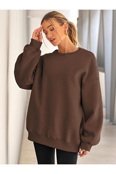MAXIMILLIAN Kadın Bisiklet Yaka Basic Oversize Sweatshirt KAHVE