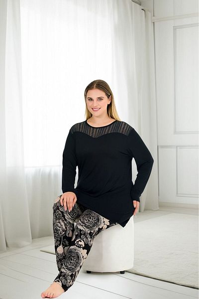 Lady Lingerie Black Flowery Large Size Long Sleeve Pajamas Set