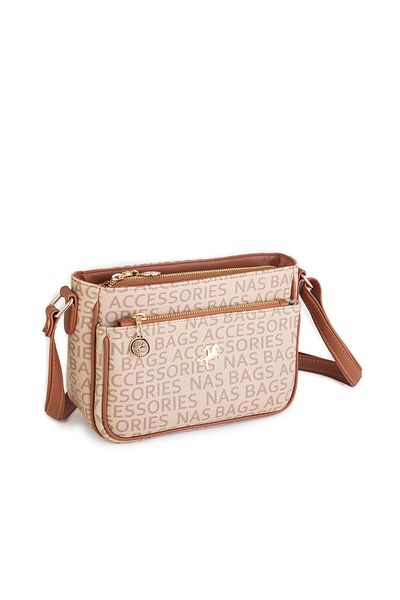 Nas Bag Geantă crossbody pentru femei cu compartiment cu curea reglabilă și design interior Mink Tan Written