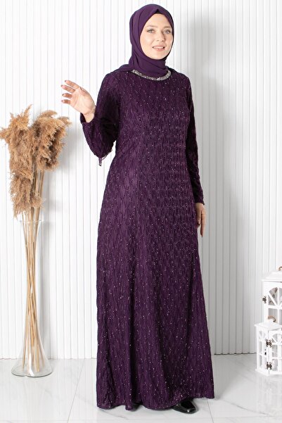 SUBU TASARIM Βραδινό φόρεμα Plum Glitter - Λεπτομέρεια επεξεργασίας πέτρας TBS2232