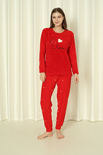 Wordex Fwn 04-3309 Plush Welsoft Fleece Winter Soft Heart Cat Women's Pajamas Set