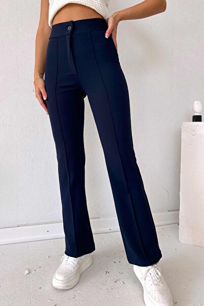 Mine Tan Butik Pantaloni de damă cu talie înaltă Lycra Palazzo - bleumarin