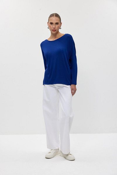Tuba Butik Crew Neck Back V Saks Blue Women's Blouse