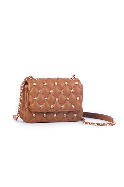 Nas Bag Geantă de damă matlasată cu detalii în piatră - maro (21x12 cm)