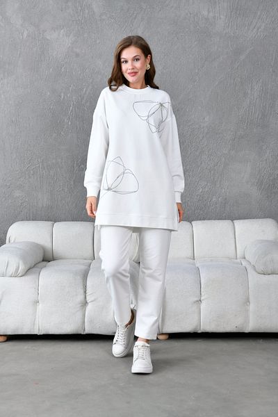 MVStore Women's Stone Bead Detail Oversize Sweatshirt Bottom-Top Set