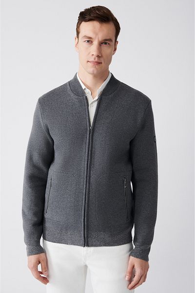 Avva Men's Anthracite Bomber Collar Zippered Cardigan A31Y6060