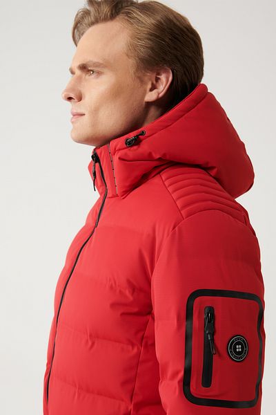 Avva Men's Red Puffer Jacket - Repellent, Windproof, Thermometer, Detachable Hood A32Y