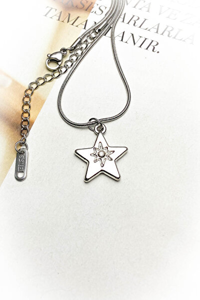roshel Gümüş Renk Çelik Kalp ve Yıldız Seçeneği Çelik Kolye