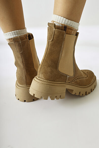 Limoya Leyah Nud, Μπεζ Suede Laser Cut Λεπτομερείς ελαστικές γυναικείες μπότες, γυναικεία μποτάκια