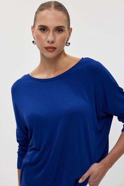 Tuba Butik Crew Neck Back V Saks Blue Women's Blouse