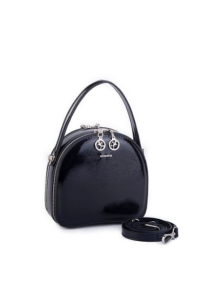 Nas Bag Mini geantă de mână și crossbody pentru femei, piele lacuită neagră (17X17 CM)