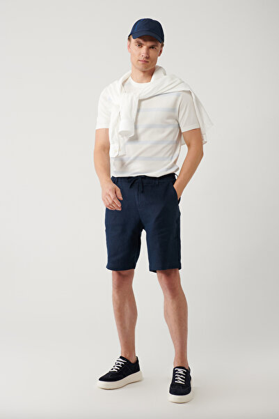 Avva Erkek Lacivert Beli Lastikli %100 Keten Assos Relaxed Fit Şort A41Y3710