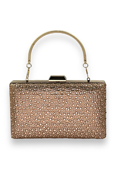 MidStore Geantă de seară cu mâner metalic de culoare aurie roz, cu piatră de ...