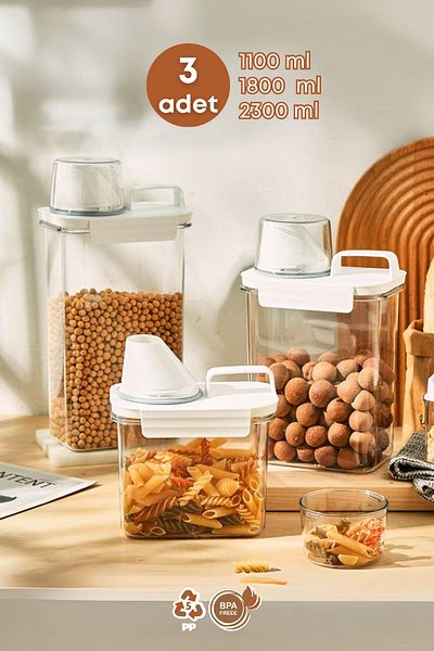 GRİMOR Life 3-Piece Leak-Proof Food Pulses Storage Set - 1100ml 1800ml 2300ml Scale Storage Containers