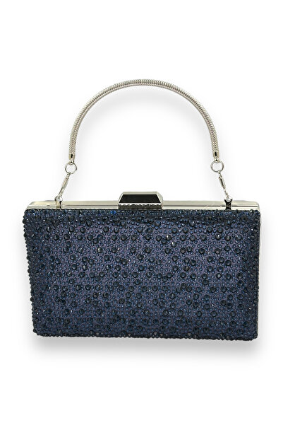 MidStore حقيبة مسائية باللون الأزرق الداكن مع مقبض معدني وحجر كريستال لحفلات ...