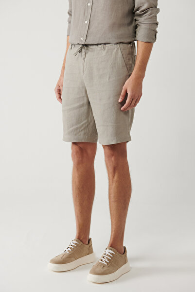 Avva Erkek Gri Beli Lastikli %100 Keten Assos Relaxed Fit Şort A41Y3710