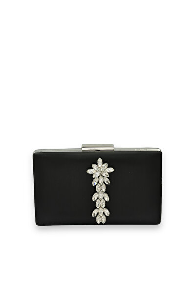 MidStore Black Color Non-Scratch Satin Silver Stone Evening Dress Bag