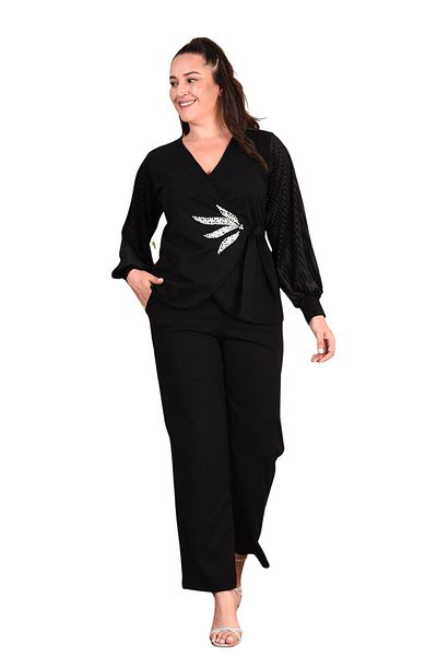 Moda Amore Βελούδινο μανίκι Plus Size Διπλό Σετ βραδινό φόρεμα - Κεντημένο σε φύλλα 019