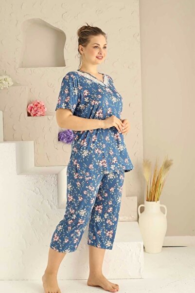 d Kit Boutique Büyük Beden Viskon Kısa Kol Yazlık Kadın Kapri Pijama Takım