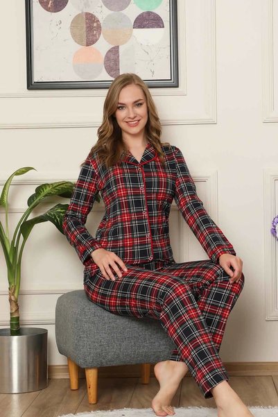 d Kit Boutique Red Plaid Natural Cotton Long Sleeve Pajamas Set