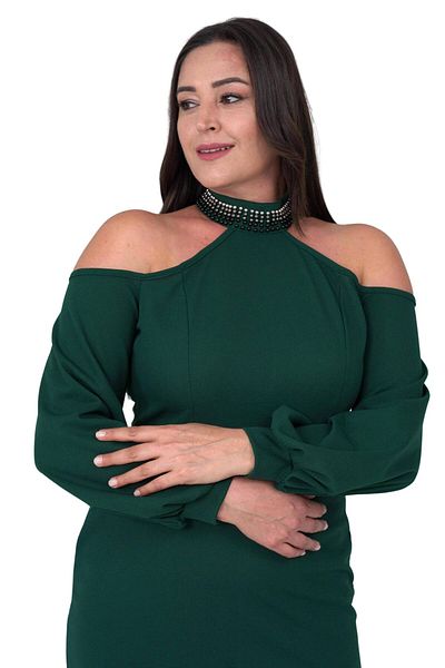Moda Amore Plus Size Women's Evening Dress - Embroidered Collar Shoulder Detail Mini Size 018
