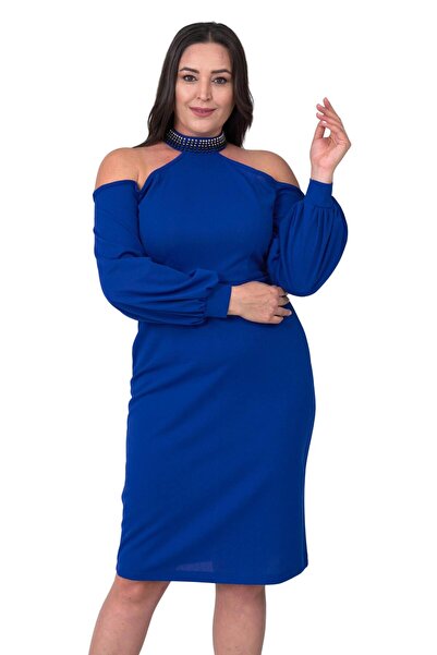 Moda Amore Büyük Beden Kadın Abiye Elbise - İşlemeli Yaka Omuz Detaylı Mini Boy 018