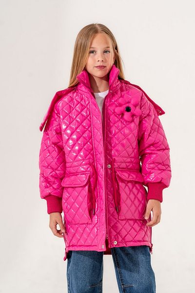 GİYİCEM Girl's Flowered Front Pocket Glossy Coat