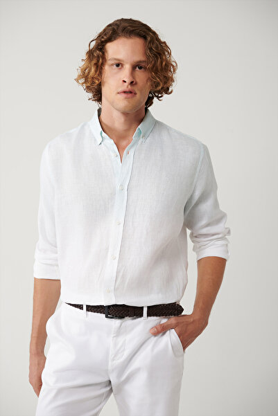 Avva Чоловіча сорочка з відкритим коміром та ґудзиками, 100% льон, комфортний крій A41Y2195