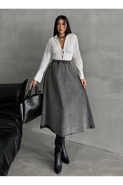 Swet Shop Jeans Women's High Waist Midi Length Elastic Waist Flared Denim Skirt