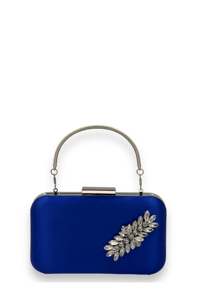 MidStore Cobalt Blue Color Satin Silver Case with Silver Stones Handle Evenin...