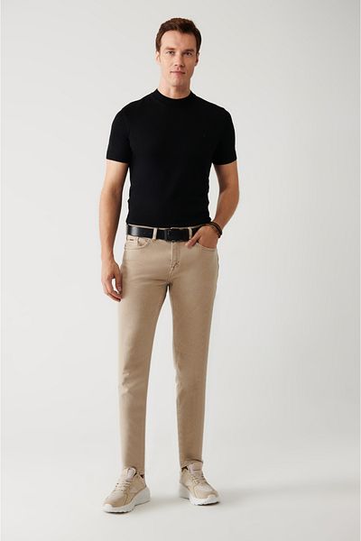 Avva Men's Beige Washed Cotton Flexible Berlin Jean Trousers A32Y3515