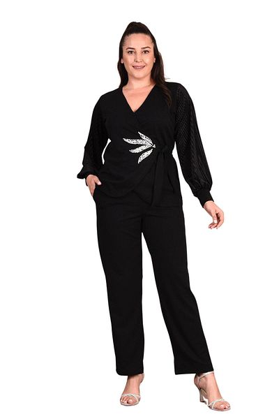 Moda Amore Βελούδινο μανίκι Plus Size Διπλό Σετ βραδινό φόρεμα - Κεντημένο σε φύλλα 019