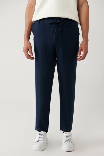 Avva Ανδρικό Navy Blue ελαστικό παντελόνι μέσης 100% λινό Β 003032