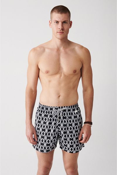 Avva Schwarze, schnelltrocknende, geometrisch bedruckte Standardgröße, spezielle Boxed Comfort Fit-Badeanzug-Meeresshorts