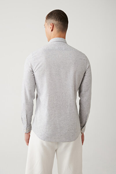 Avva Erkek Açık Gri Çizgili Garnili Keten Karışımlı Regular Fit Gömlek A41Y2066